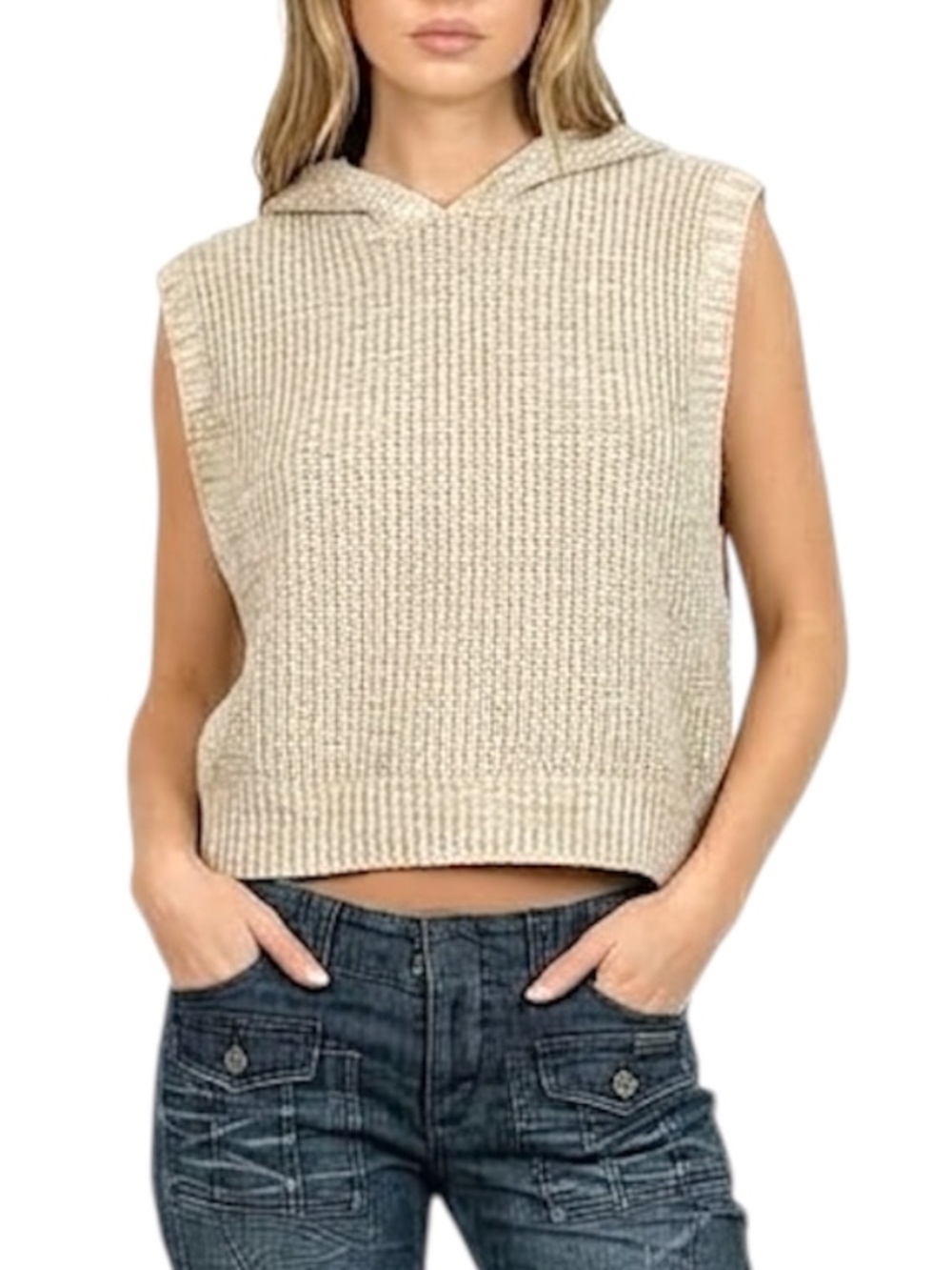Pimkie France linen blend oatmeal beige oversized sleeveless hooded sweater S